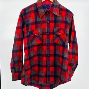 Vintage 80s Ponderosa Red Navy Gray Wool Plaid Flannel Workshirt
